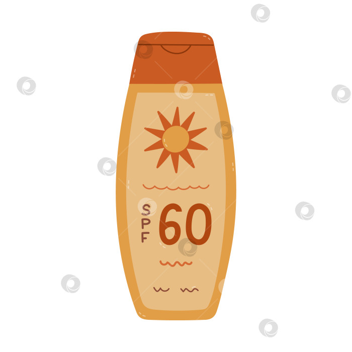 Скачать Простой мультяшный солнцезащитный крем с SPF 60 и надписью sun on на этикетке. Косметическое средство по уходу за кожей для защиты от ультрафиолетовых лучей. Летний клипарт с изображением моря и пляжного отдыха на белом фоне. фотосток Ozero