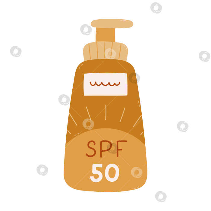 Скачать Очаровательный мультяшный крем с защитой от солнца SPF 50 с помпоном и яркой этикеткой. Симпатичный солнцезащитный крем с ручной росписью для отпуска и выходных на пляже. Рисунок для защиты от солнца и ультрафиолетовых лучей, выделенный на белом фоне. фотосток Ozero