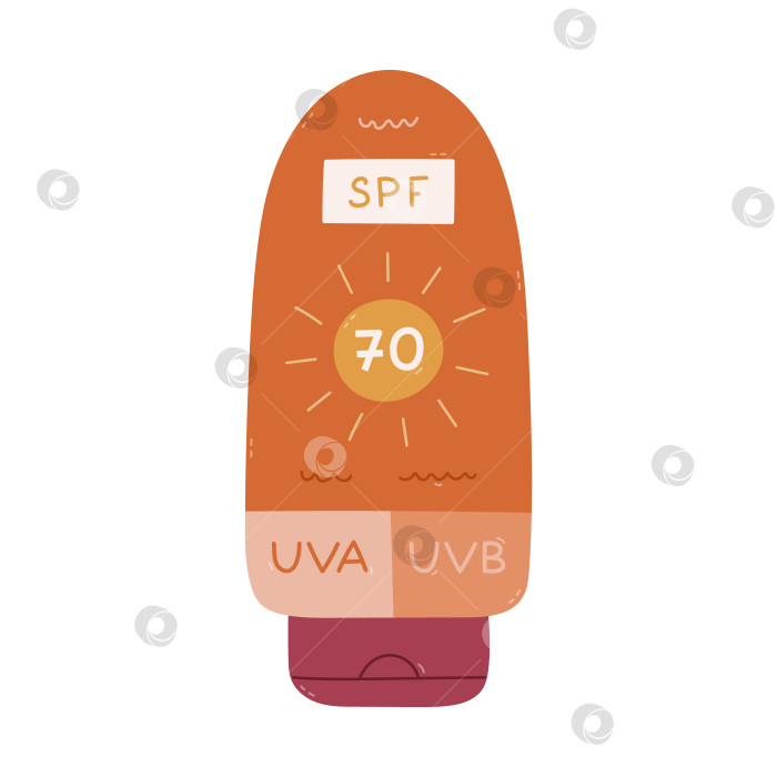 Скачать Очаровательный мультяшный тюбик солнцезащитного крема с 70 SPF и защитой от UVA и UVB лучей. Модный лосьон с рисунком от руки для ухода за телом и снижения риска развития рака. Косметическое защитное средство для ухода за кожей, выделенное белым цветом. фотосток Ozero
