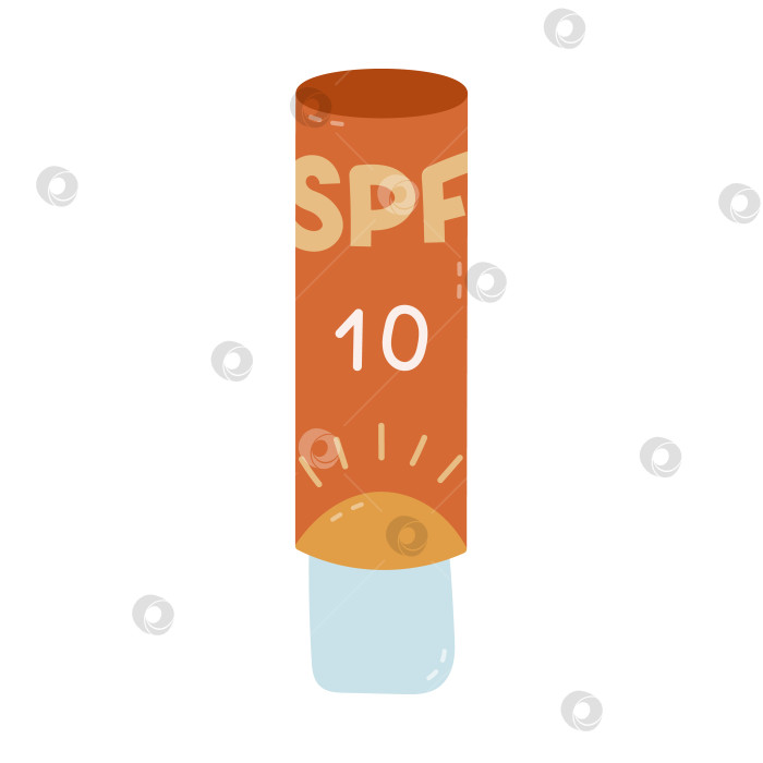 Скачать Очаровательная мультяшная губная помада с SPF 10 и значком солнца на этикетке. Простой тюбик косметики для защиты губ от солнца, нарисованный от руки. Детский рисунок крема для загара на белом фоне. фотосток Ozero