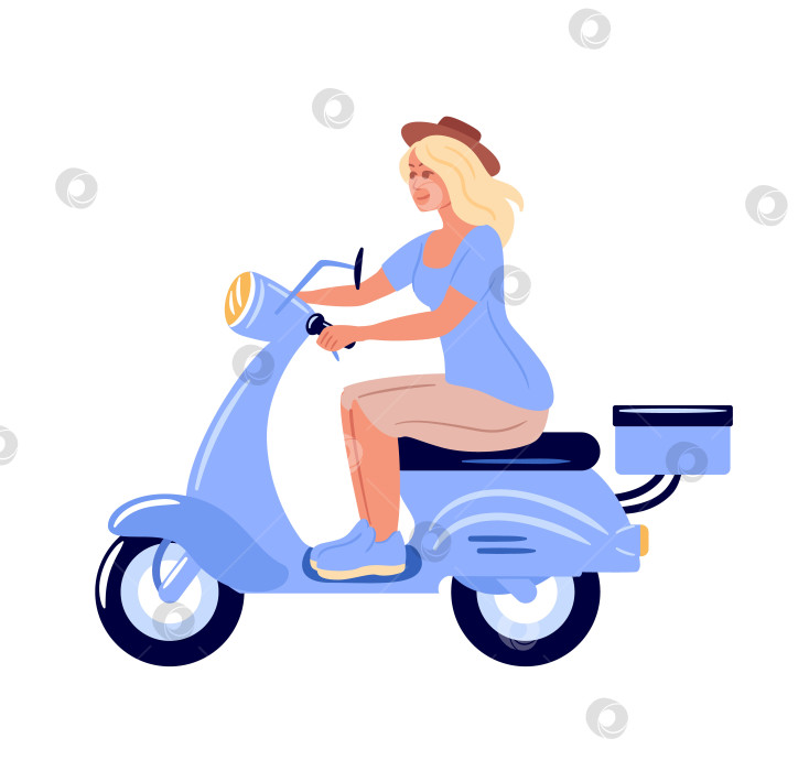 Скачать Векторная иллюстрация женщины, едущей на синем скутере, одетой в синюю футболку и бриджи, шляпу и кроссовки, с коробкой для доставки, прикрепленной к задней части скутера. фотосток Ozero
