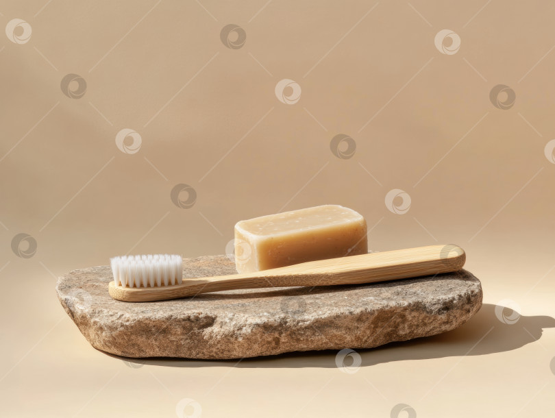 Скачать Экологически чистая бамбуковая зубная щетка и натуральное мыло на каменной поверхности для воплощения концепции устойчивого образа жизни фотосток Ozero
