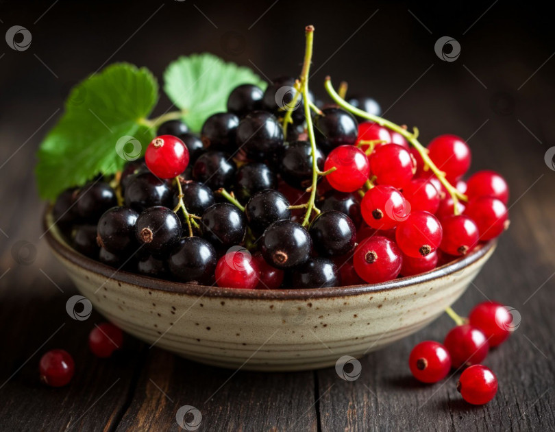 Скачать Красная и черная смородина в тарелке крупным планом. Создано искусственным интеллектом. фотосток Ozero