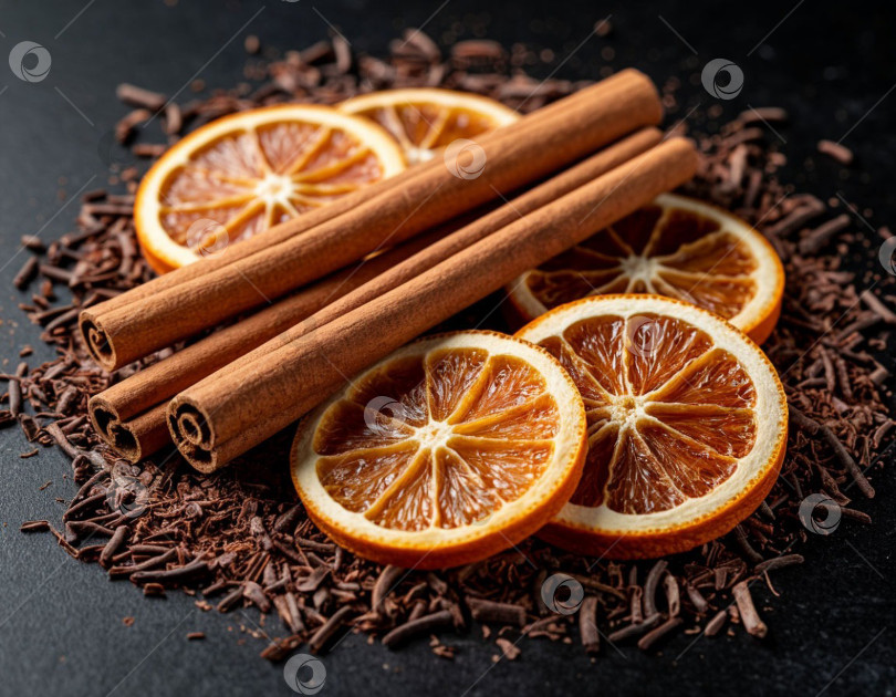 Скачать Рождественский фон, ваниль, сушеные апельсины и палочки корицы. Создан искусственный интеллект. фотосток Ozero