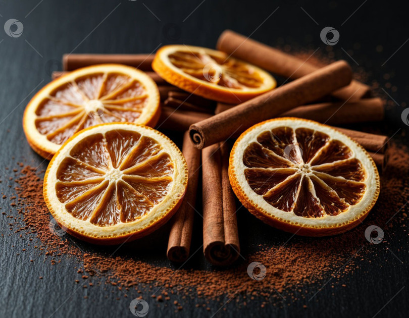 Скачать Рождественский фон, ваниль, сушеные апельсины и палочки корицы. Создан искусственный интеллект. фотосток Ozero