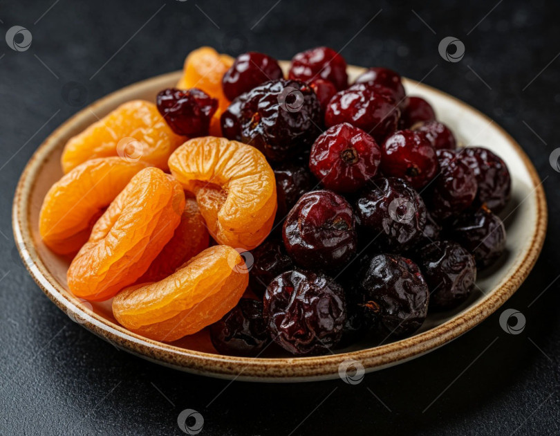Скачать Сухофрукты для компота в тарелке крупным планом. Сгенерировано искусственным интеллектом. фотосток Ozero