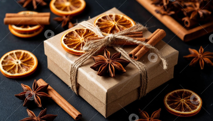 Скачать Новогодний подарок в крафт-коробке. Рождественский фон, ваниль, сушеные апельсины и палочки корицы. Создан искусственный интеллект. фотосток Ozero