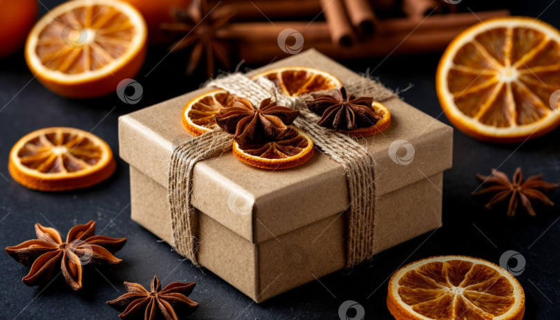 Скачать Новогодний подарок в крафт-коробке. Рождественский фон, ваниль, сушеные апельсины и палочки корицы. Создан искусственный интеллект. фотосток Ozero