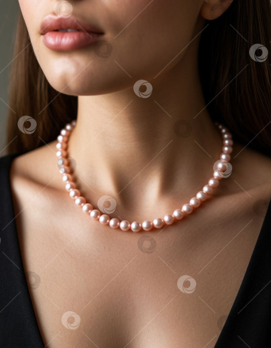 Скачать Крупный план ожерелья из розового жемчуга на шее невесты. Создан искусственный интеллект. фотосток Ozero