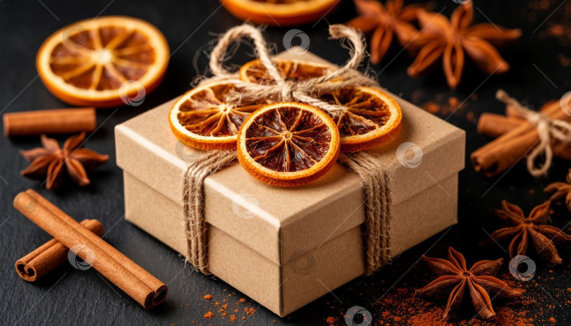 Скачать Новогодний подарок в крафт-коробке. Рождественский фон, ваниль, сушеные апельсины и палочки корицы. Создан искусственный интеллект. фотосток Ozero
