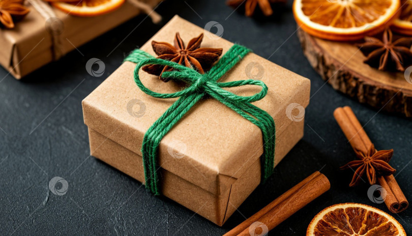 Скачать Новогодний подарок в коробке из крафт-бумаги, перевязанной зеленой лентой. Рождественский фон, ваниль, сушеные апельсины и палочки корицы. Создано с помощью искусственного интеллекта. фотосток Ozero
