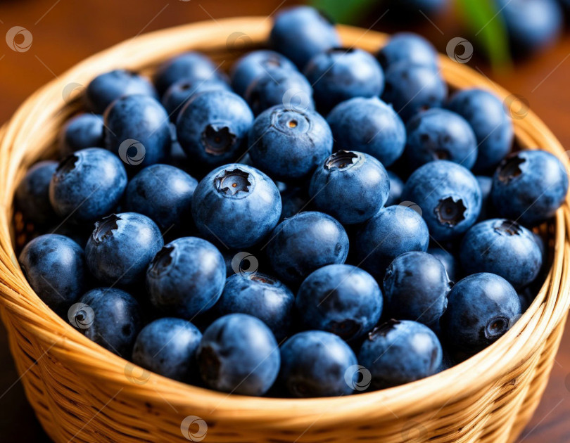 Скачать Ягоды черники в корзинке крупным планом. Создан искусственный интеллект. фотосток Ozero