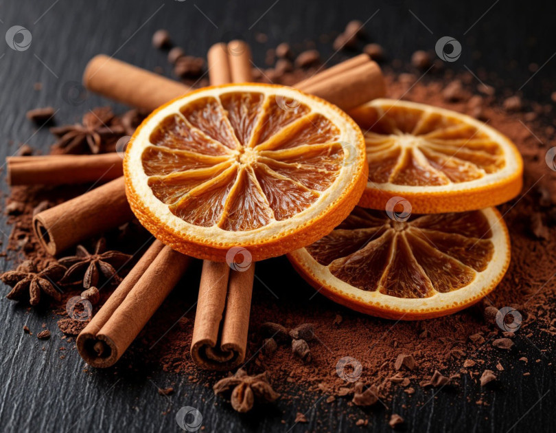 Скачать Рождественский фон, ваниль, сушеные апельсины и палочки корицы. Создан искусственный интеллект. фотосток Ozero