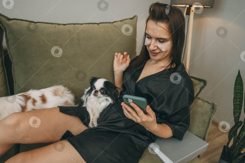 Скачать женщина, отдыхающая со смартфоном во время утренней процедуры красоты с двумя японскими собаками хин у себя дома фотосток Ozero