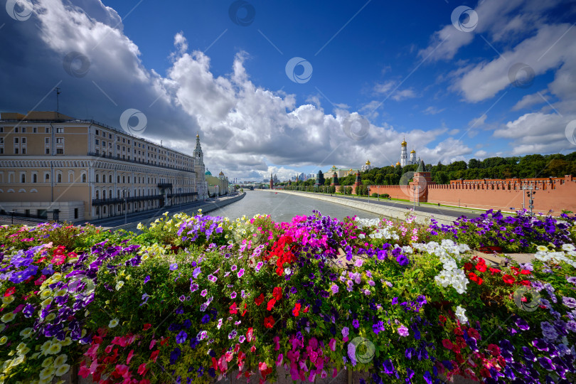 Скачать Москва. Цветы на Большом Москворецком мосту и Кремль. фотосток Ozero