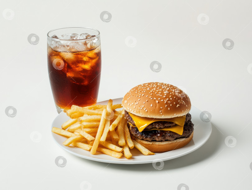 Скачать Минималистичное блюдо быстрого приготовления с картофелем фри в виде чизбургера и напитком со льдом фотосток Ozero