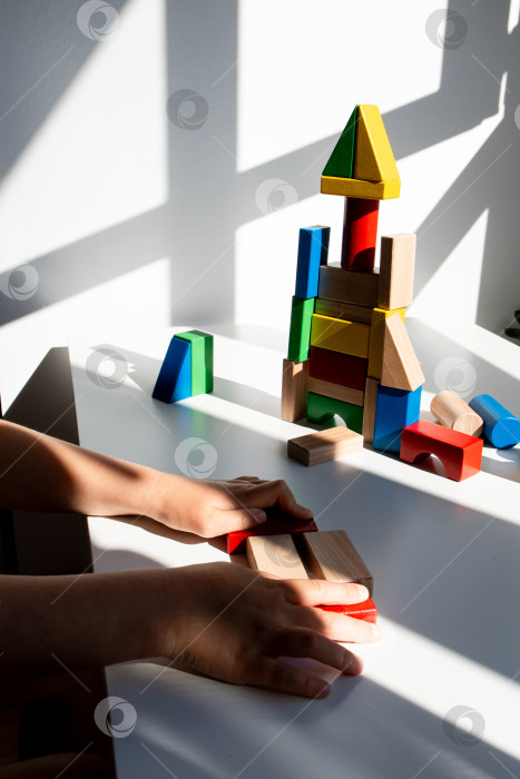 Скачать Детские руки строят красочную башню из деревянных блоков на столе фотосток Ozero
