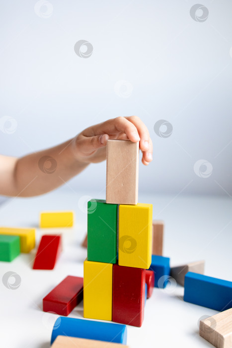Скачать Ребенок укладывает разноцветные деревянные кубики на белую поверхность фотосток Ozero