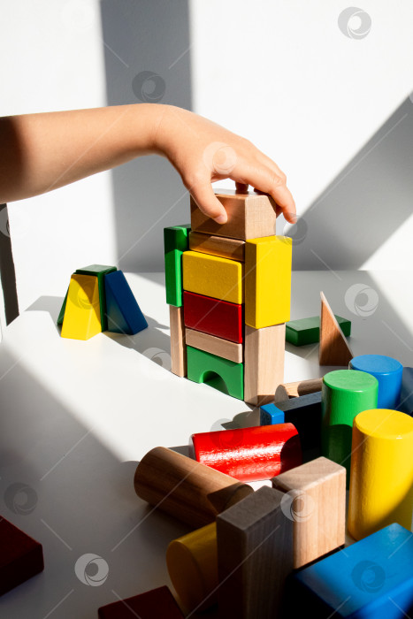 Скачать Ребенок вручную строит красочную башню из деревянных блоков в залитой солнцем комнате фотосток Ozero