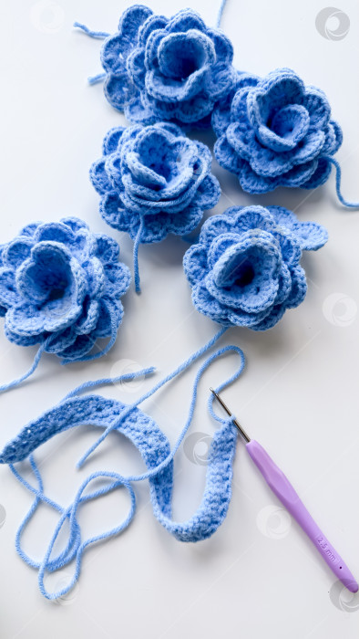 Скачать Синие цветы ручной работы, связанные крючком из пряжи и крючком для вязания крючком на белой поверхности фотосток Ozero