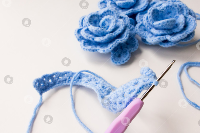 Скачать Синие цветы ручной работы, связанные крючком крючком и пряжей на белом фоне фотосток Ozero