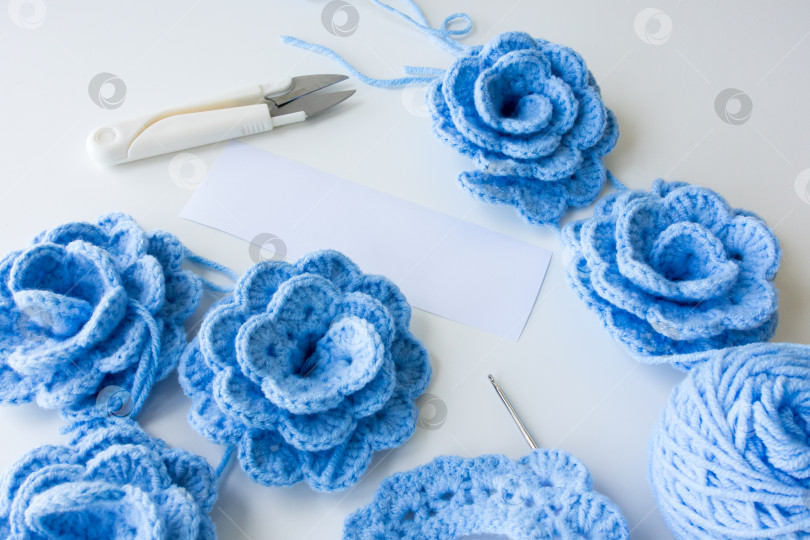 Скачать Синие цветы, связанные крючком из пряжи и инструментов на белом фоне фотосток Ozero