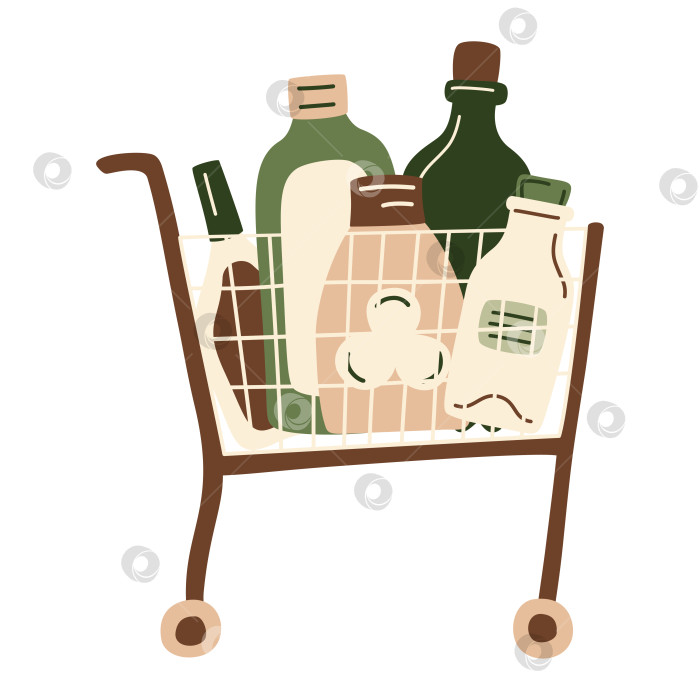 Скачать Корзина для покупок и корзиночки с продуктами из супермаркета или фермерского рынка. Бутылки, масло, молоко, шампуни - безотходная упаковка, идеально подходящая для экологичного дизайна. Векторная иллюстрация в органическом плоском стиле. фотосток Ozero