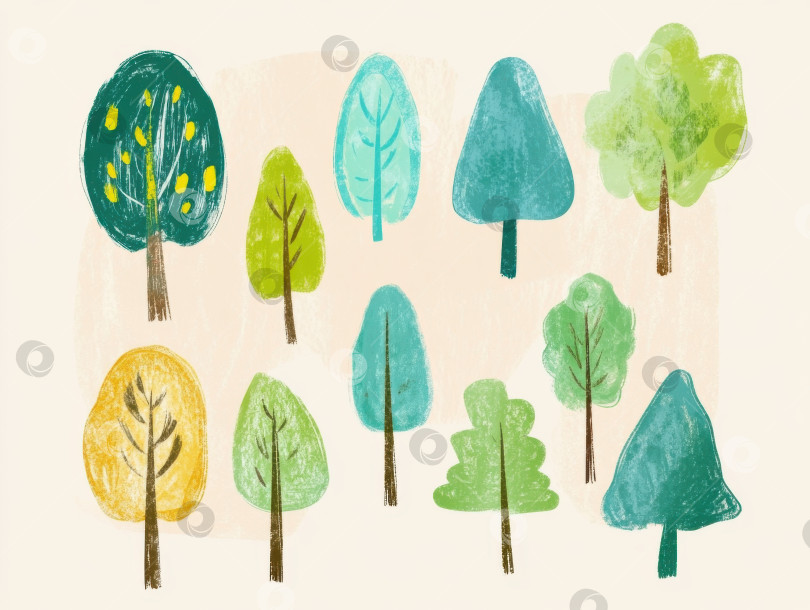 Скачать Причудливое наивное искусство создания разноцветных деревьев игривых форм для креативного дизайна фотосток Ozero