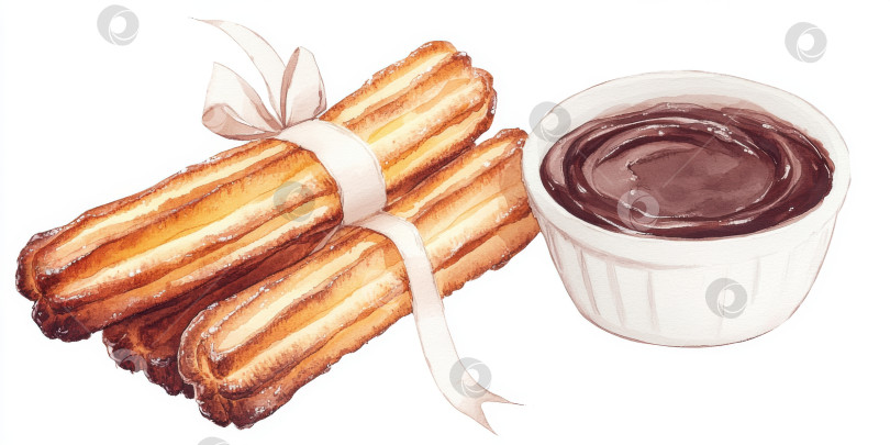 Скачать Ультрадетализированный акварельный фуд-арт чуррос с насыщенным шоколадным соусом для кулинарного дизайна фотосток Ozero