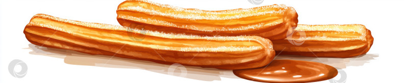 Скачать Акварельная иллюстрация свежеобжаренных чуррос с карамельным соусом для любителей десертов фотосток Ozero