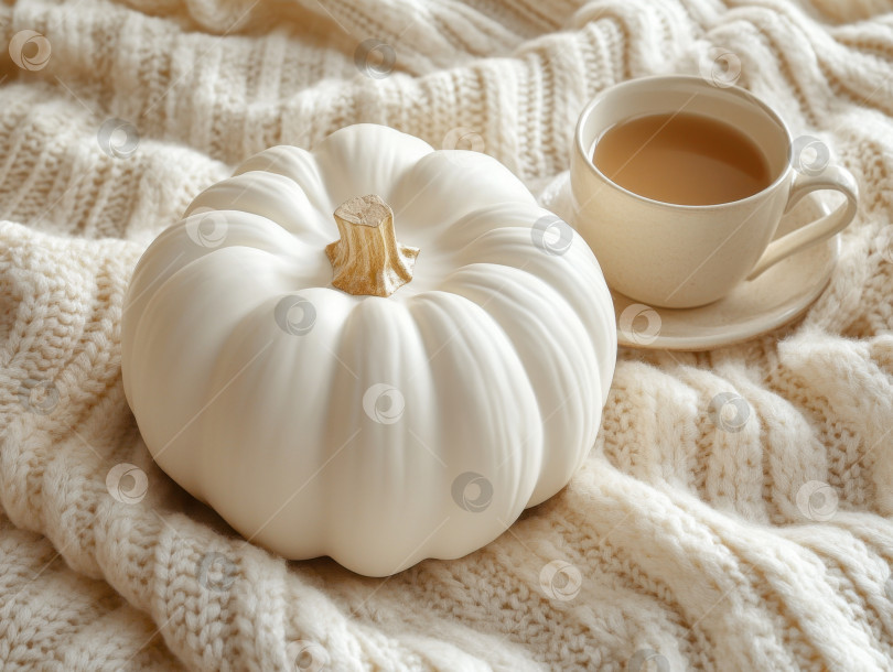 Скачать Уютная осенняя сценка. Ультрареалистичная белая тыква из плотного трикотажа с кофейным оттенком фотосток Ozero