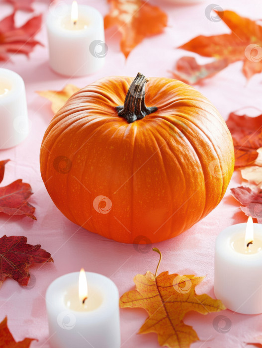 Скачать Осенняя тыква со свечами и кленовыми листьями для сезонного украшения и проведения торжеств фотосток Ozero