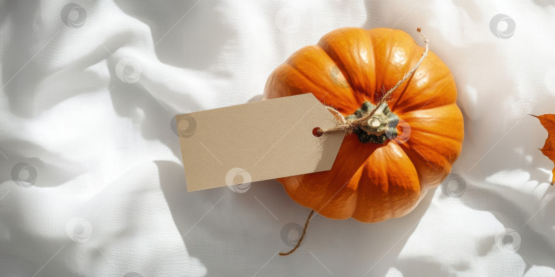 Скачать Осеннее украшение с помощью пустой этикетки из крафт-бумаги на тыкве для создания сезонного дизайна фотосток Ozero