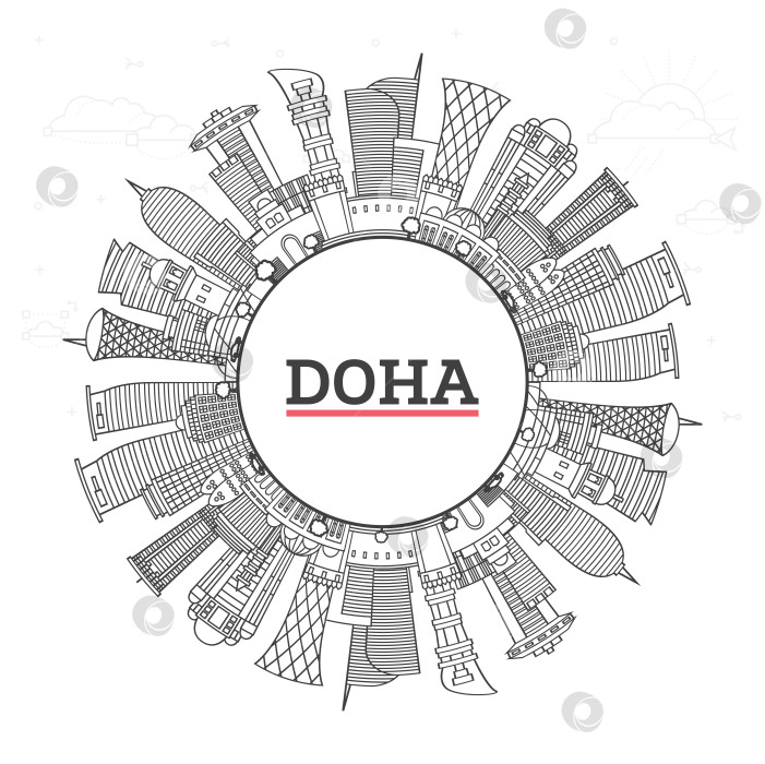 Скачать Обведите контур города Доха, Катар, современными зданиями и скопируйте пространство, выделенное белым цветом. Иллюстрация. Городской пейзаж Дохи с достопримечательностями. фотосток Ozero