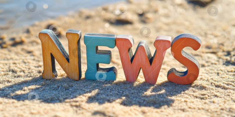 Скачать Летняя пляжная сцена с нарисованными деревянными буквами "Орфографические новости" для креативного дизайна и использования в печати фотосток Ozero