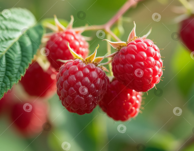 Скачать Крупный план спелой малины в саду. Создано искусственным интеллектом. фотосток Ozero