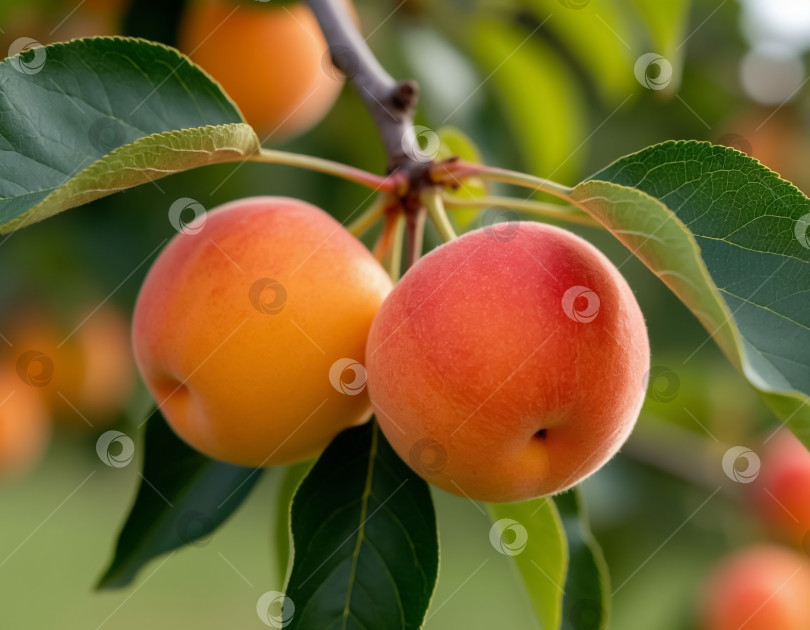 Скачать Спелые абрикосы на ветке в саду крупным планом. Сгенерировано искусственным интеллектом. фотосток Ozero
