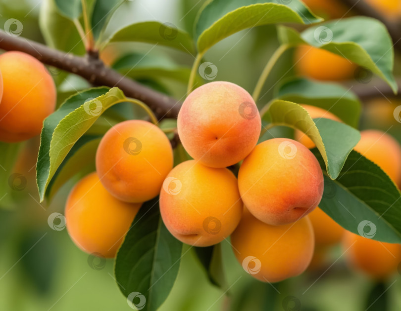 Скачать Спелые абрикосы на ветке в саду крупным планом. Сгенерировано искусственным интеллектом. фотосток Ozero