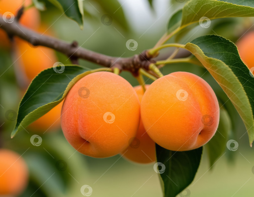 Скачать Спелые абрикосы на ветке в саду крупным планом. Сгенерировано искусственным интеллектом. фотосток Ozero