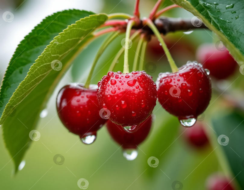 Скачать Спелая вишневая ягода на ветке в саду крупным планом. Сгенерировано искусственным интеллектом. фотосток Ozero