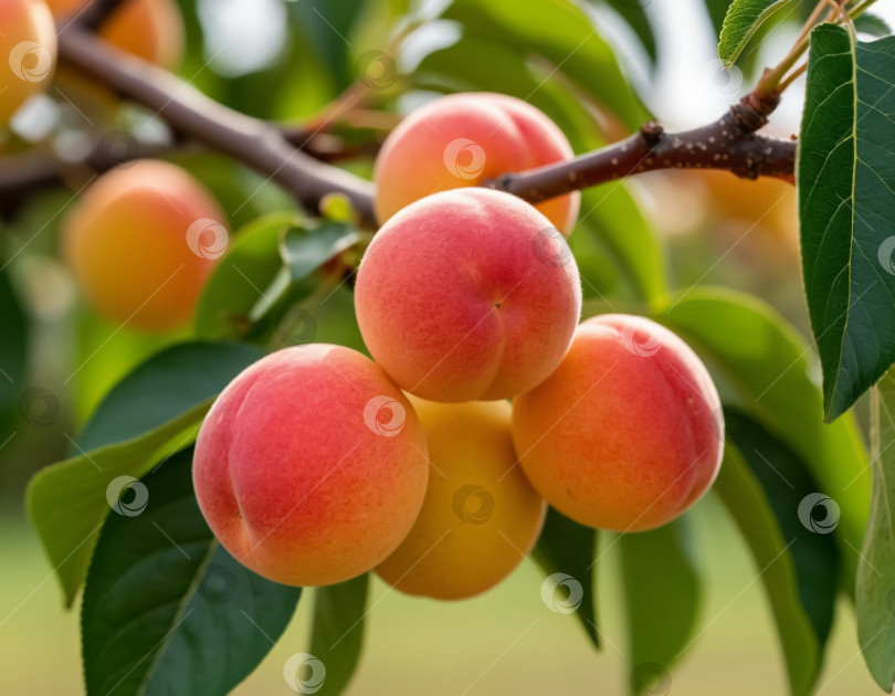 Скачать Спелые абрикосы на ветке в саду крупным планом. Сгенерировано искусственным интеллектом. фотосток Ozero