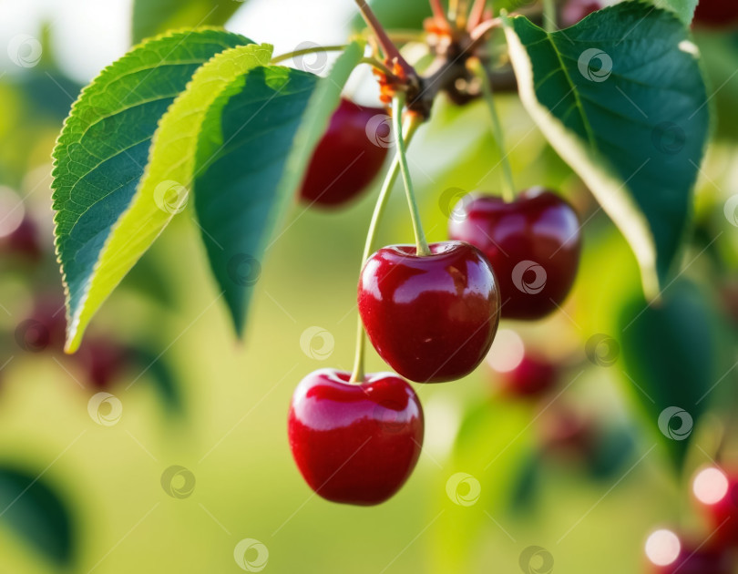 Скачать Спелая вишневая ягода на ветке в саду крупным планом. Сгенерировано искусственным интеллектом. фотосток Ozero