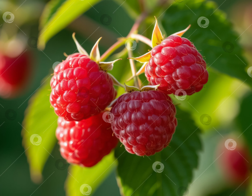 Скачать Крупный план спелой малины в саду. Создано искусственным интеллектом. фотосток Ozero