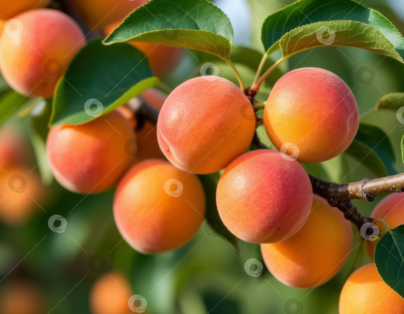 Скачать Спелые абрикосы на ветке в саду крупным планом. Сгенерировано искусственным интеллектом. фотосток Ozero