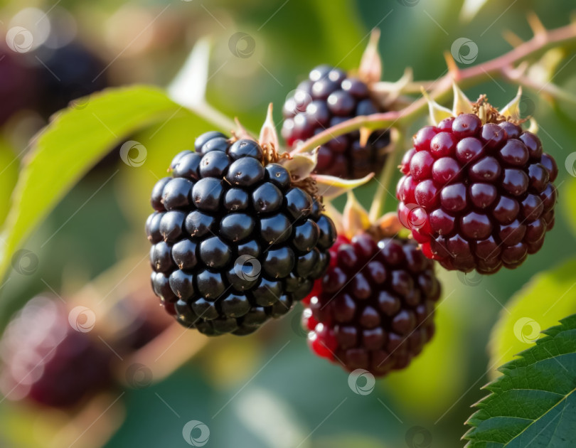 Скачать Спелая ежевика в саду крупным планом. Создано искусственным интеллектом. фотосток Ozero