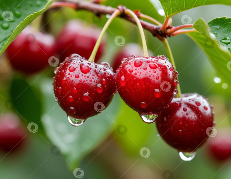 Скачать Спелая вишневая ягода на ветке в саду крупным планом. Сгенерировано искусственным интеллектом. фотосток Ozero