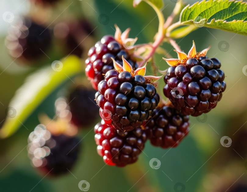 Скачать Спелая ежевика в саду крупным планом. Создано искусственным интеллектом. фотосток Ozero