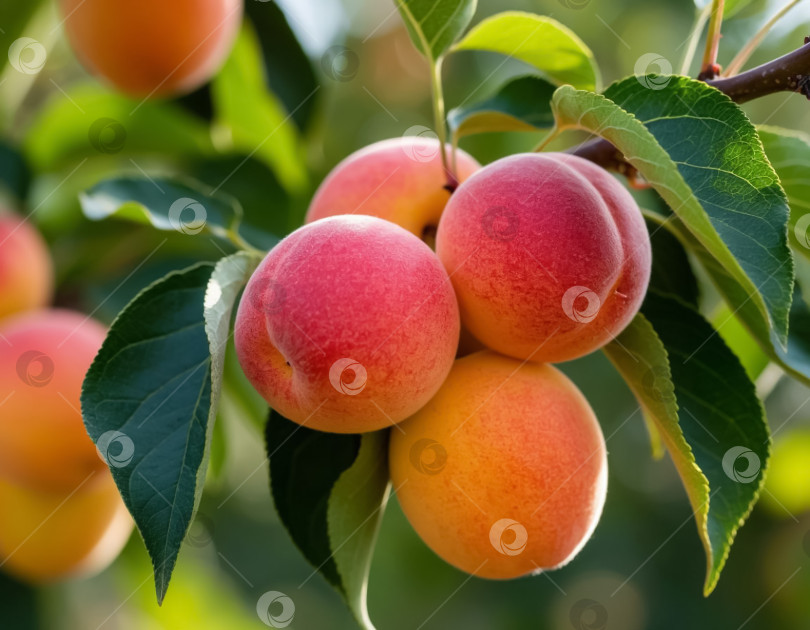 Скачать Спелые абрикосы на ветке в саду крупным планом. Сгенерировано искусственным интеллектом. фотосток Ozero