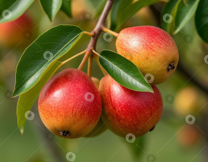Скачать Груши, созревающие на ветке, крупным планом в саду. Сельское хозяйство. Создано искусственным интеллектом. фотосток Ozero