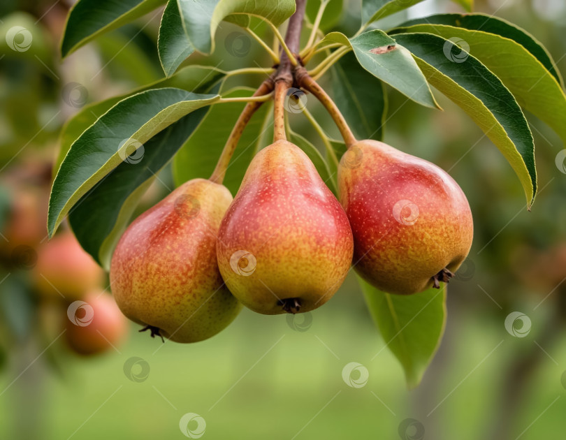 Скачать Груши, созревающие на ветке, крупным планом в саду. Сельское хозяйство. Создано искусственным интеллектом. фотосток Ozero